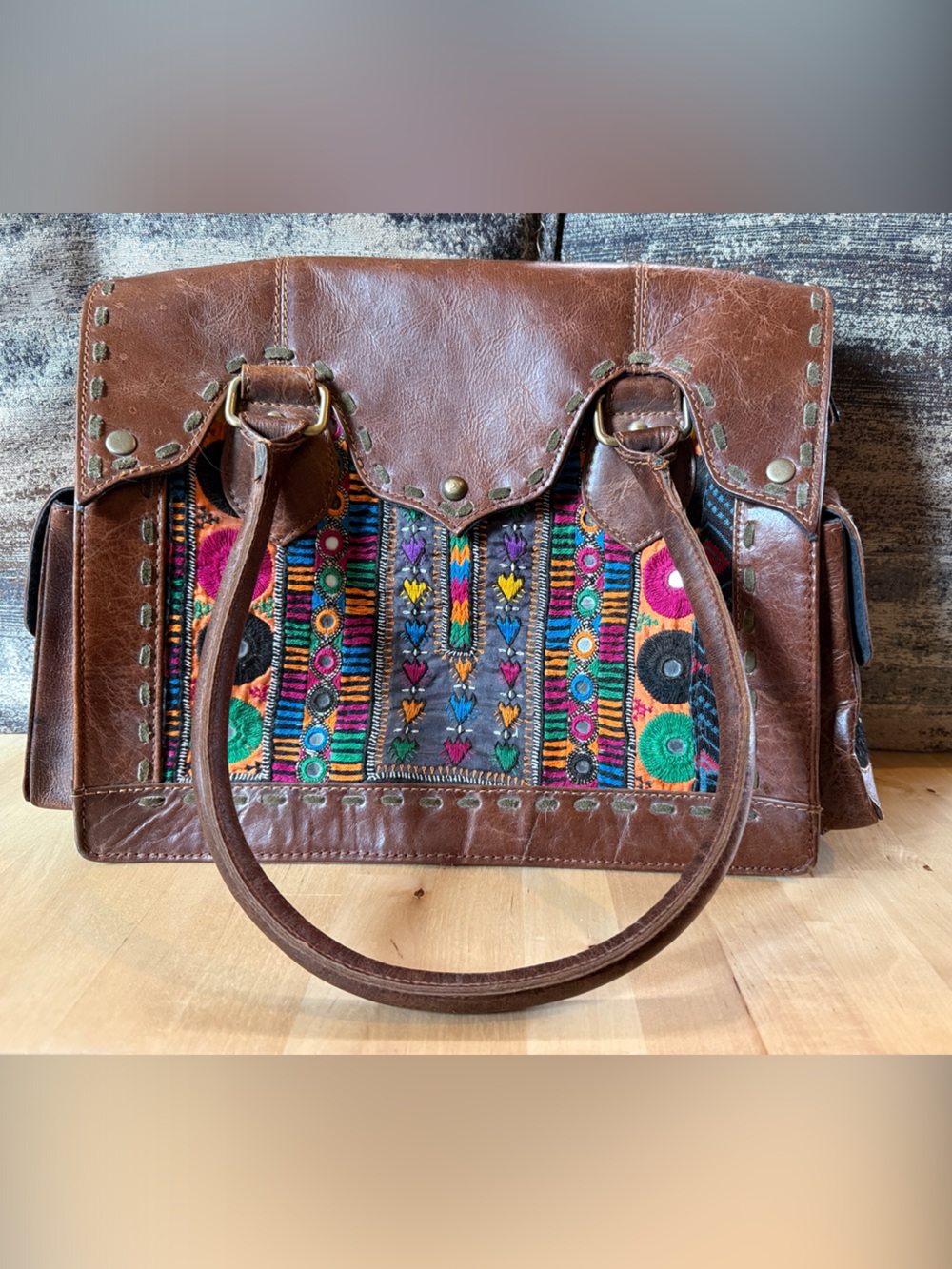 Brown Leather Tote Bag with Colorful Embroidered Panel